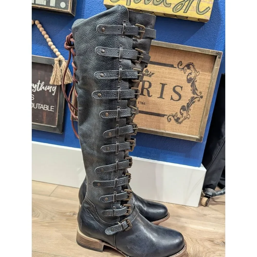 Freebird by Steven Rylan Boots Navy Buckles Boho Steampunk Western Womens 9 RARE